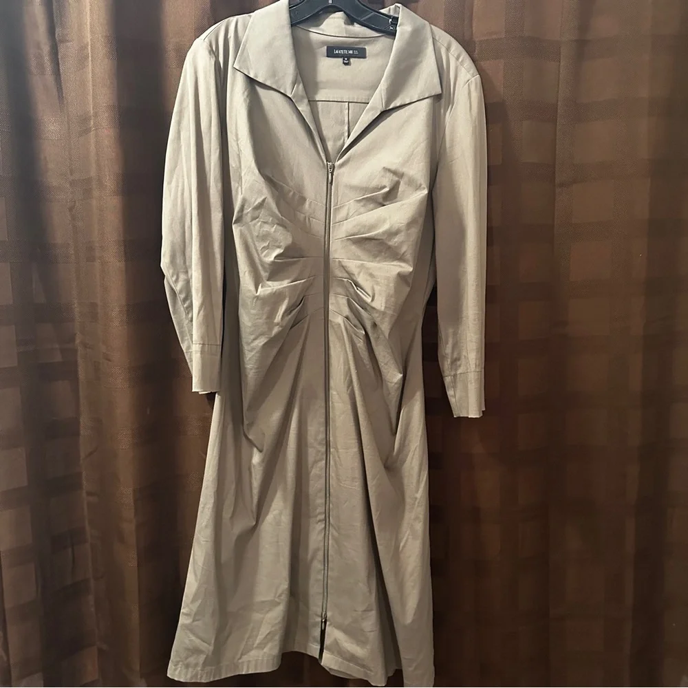 Lafayette 148 New York Ruched Zip Front Midi Dress in Khaki